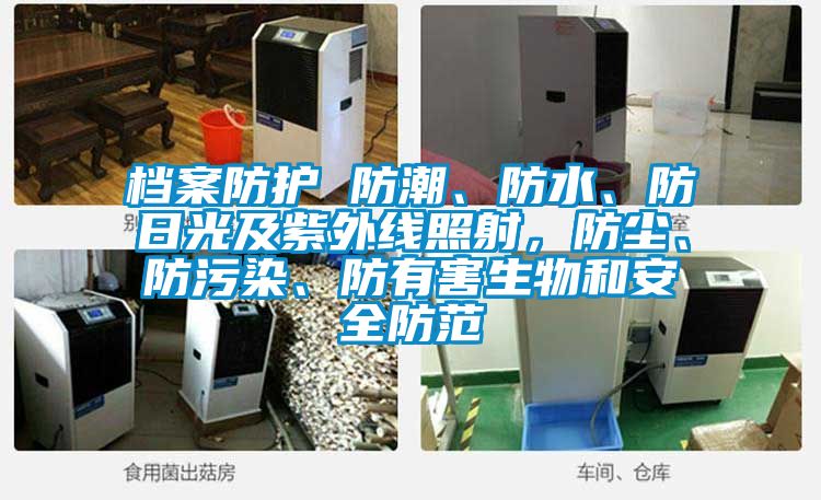 档案防护 防潮、防水、防日光及紫外线照射，防尘、防污染、防有害生物和安全防范